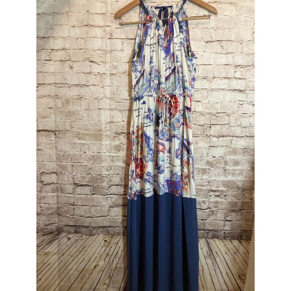 Peter Som Maxi Dress Womens Medium Blue Carribean Beach Scene Tie Back Halter - Picture 1 of 16